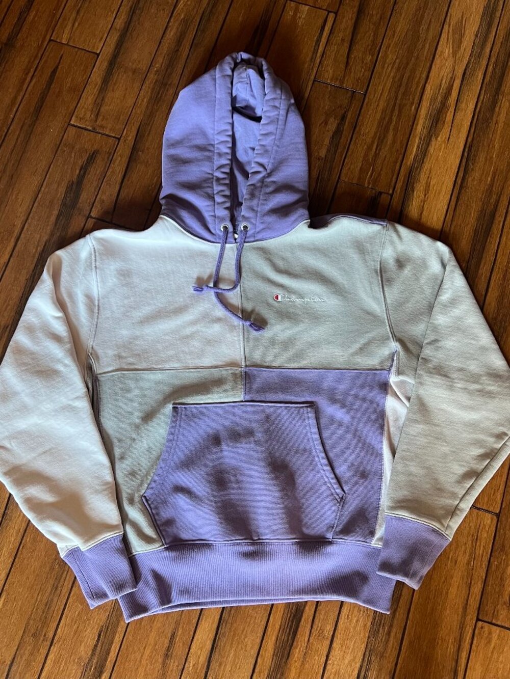 Champion Patchwork Hoodie Sweatshirt Purple And Gray Color Block Size M